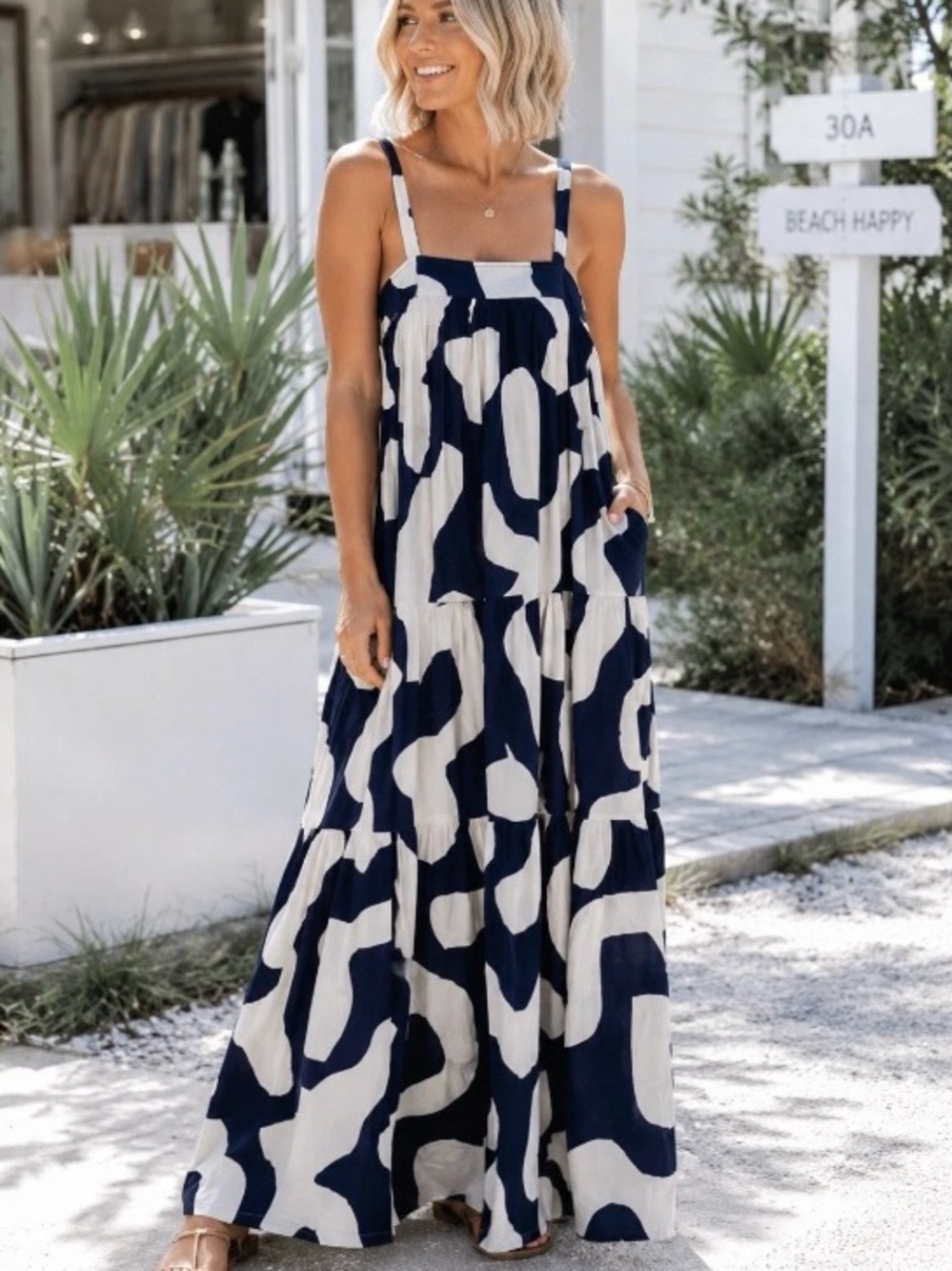 Abel The Label Maxi Dress L Navy White Abstract Tiered NWT Anthropologie Style